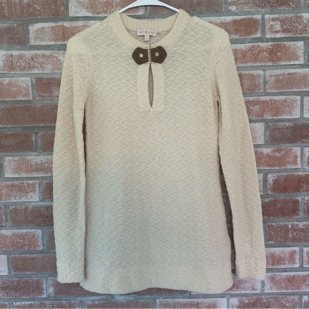Tory Burch Wool Alpaca Tunic Knit Mim Sweater Women’s XS Cream Leather Accent